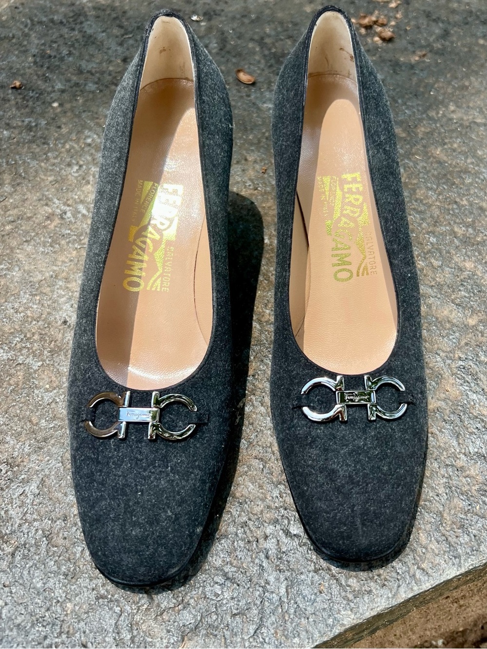 Salvatore Ferragamo Dark Gray Wool Logo Chain Pumps